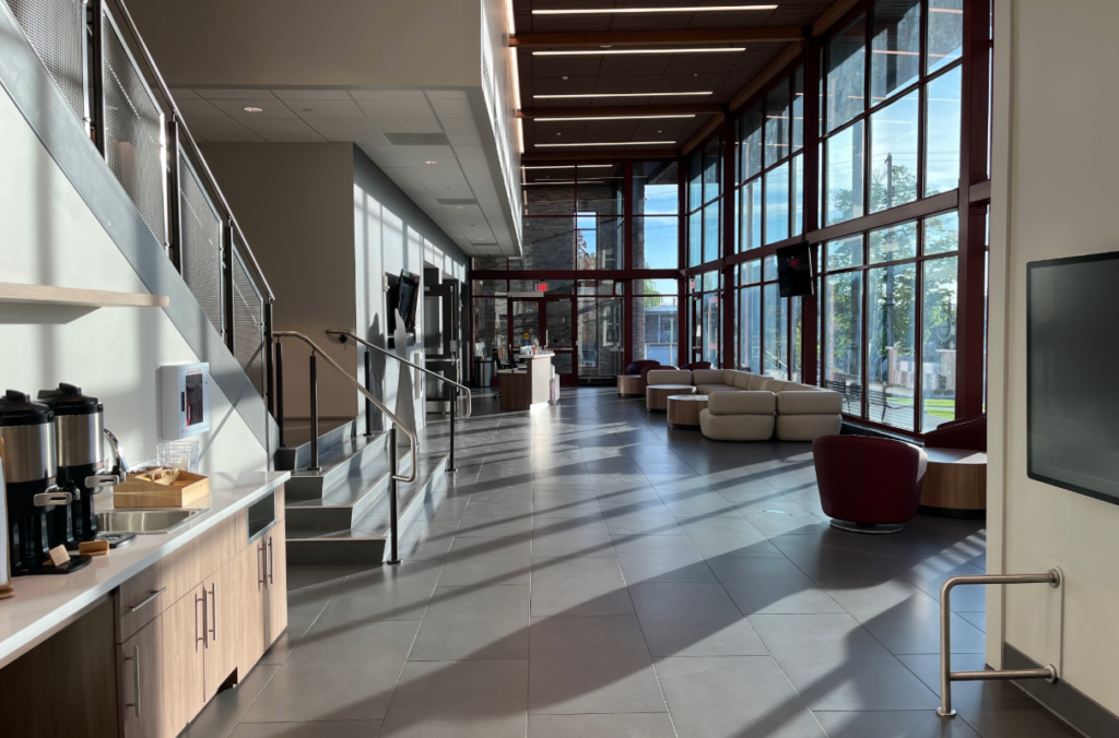 View of main interior section of Hawkinson Welcome Center at Kutztown University.