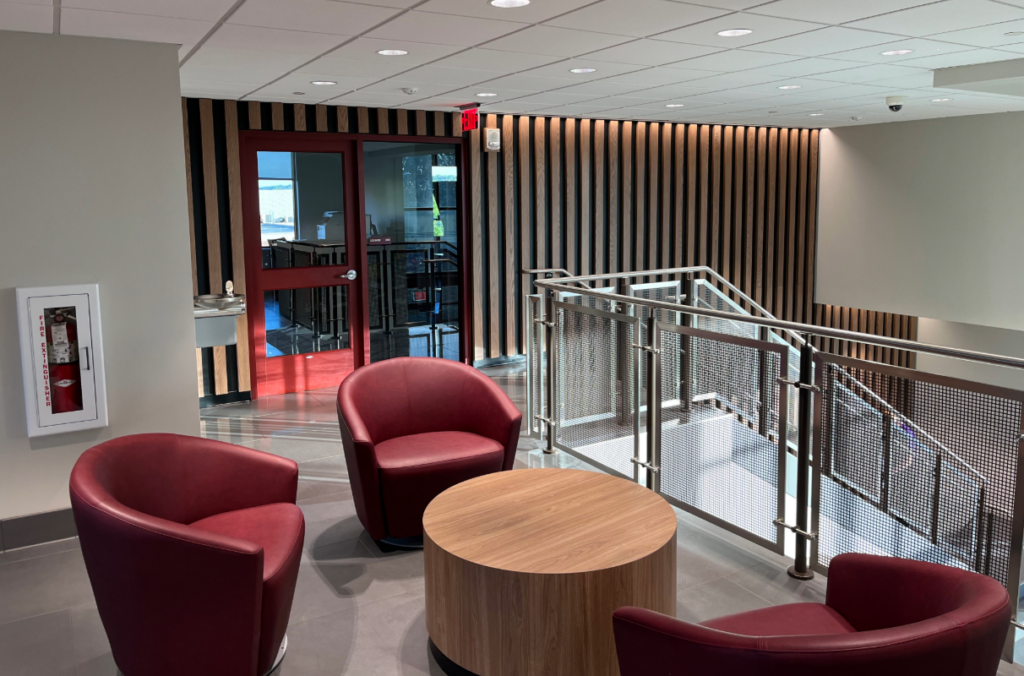Upstairs seating area of Hawkinson Welcome Center at Kutztown University.