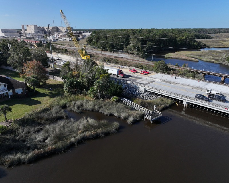 Construction cranes on Broward River Bridge carrying US 17 in Jacksonville, FL.
