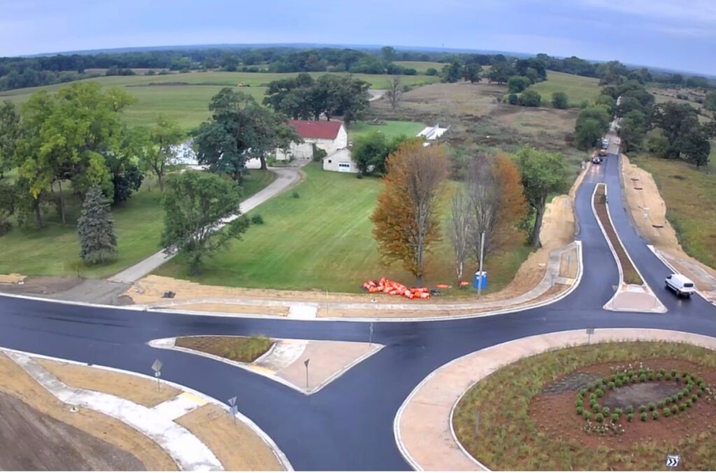 Two roadway approaches for the Darrell Road roundabout interchange in Lake County, Illinois.