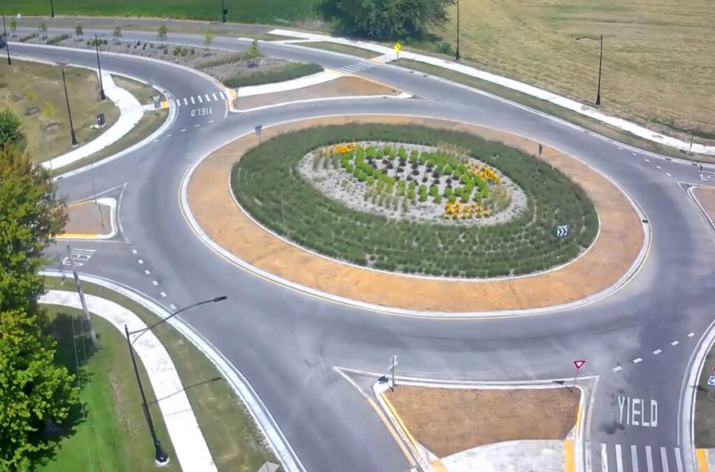 Close up aerial of traffic circle of Darrell Road roundabout in Lake County, Illinois.