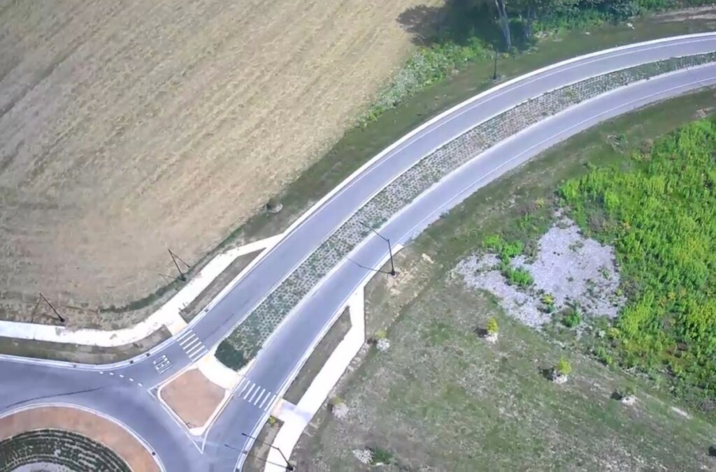 Aerial view of roadway approach to Darrell Road roundabout in Lake County, Illinois.