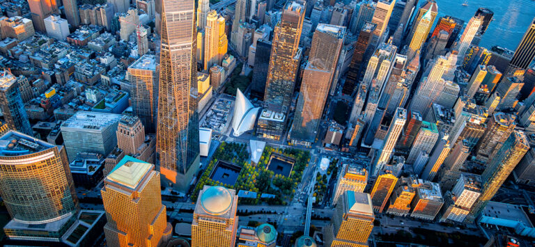 Aerial view of One World Trade Center, the Transportation Hub, Memorial and Museum.