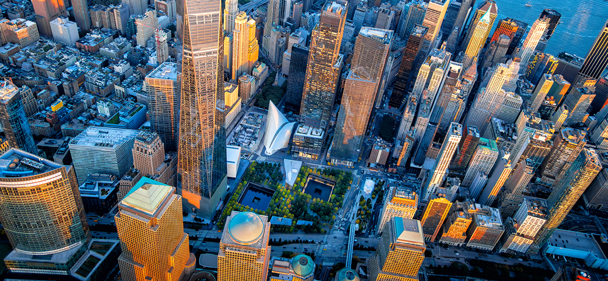 Aerial view of One World Trade Center, the Transportation Hub, Memorial and Museum.