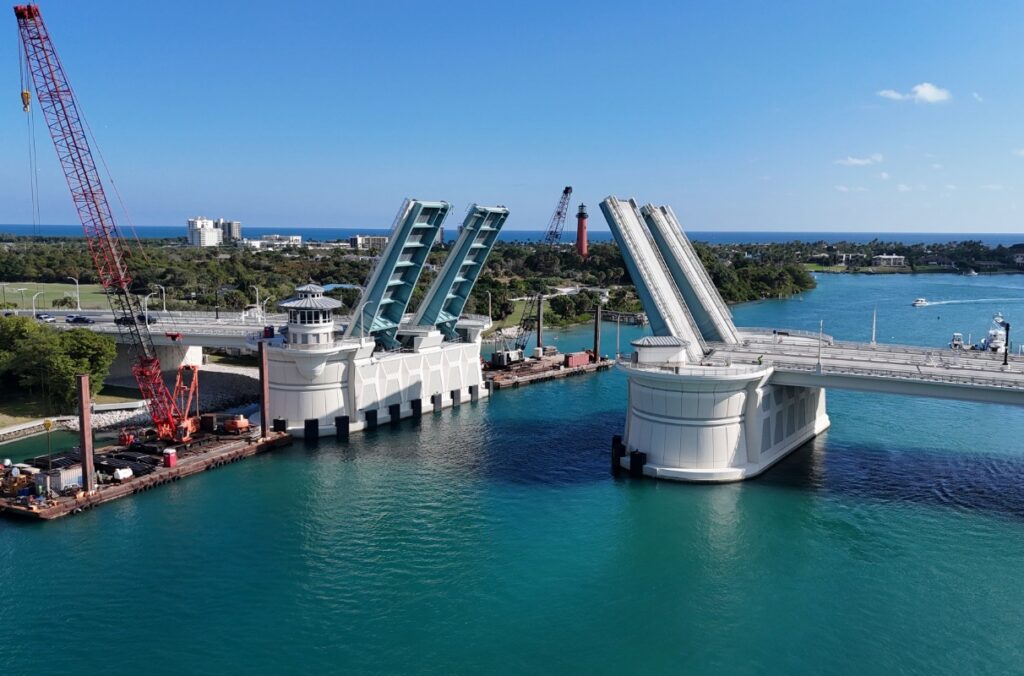 U.S. 1 Bridge over Loxahatchee River between Jupiter and Tequesta, Florida, drawbridge in open position.