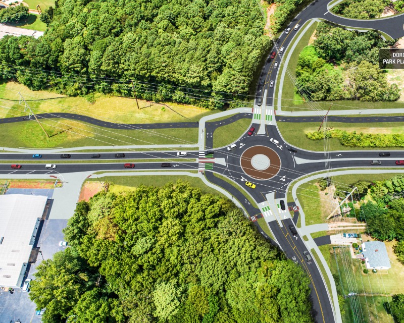 Overhead view of roundabout on Lake Wheeler Road interchange in North Carolina.