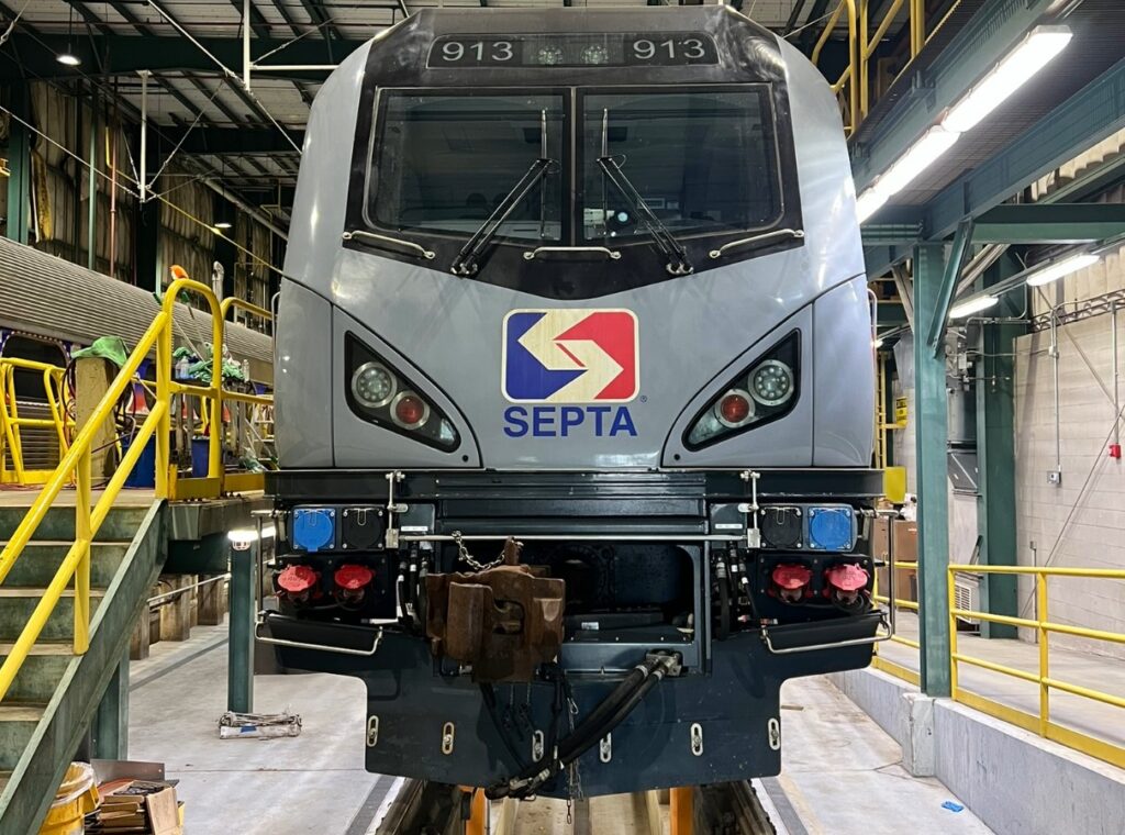A SEPTA locomotive sits on a bay inside the Frazer Maintenance Facility.