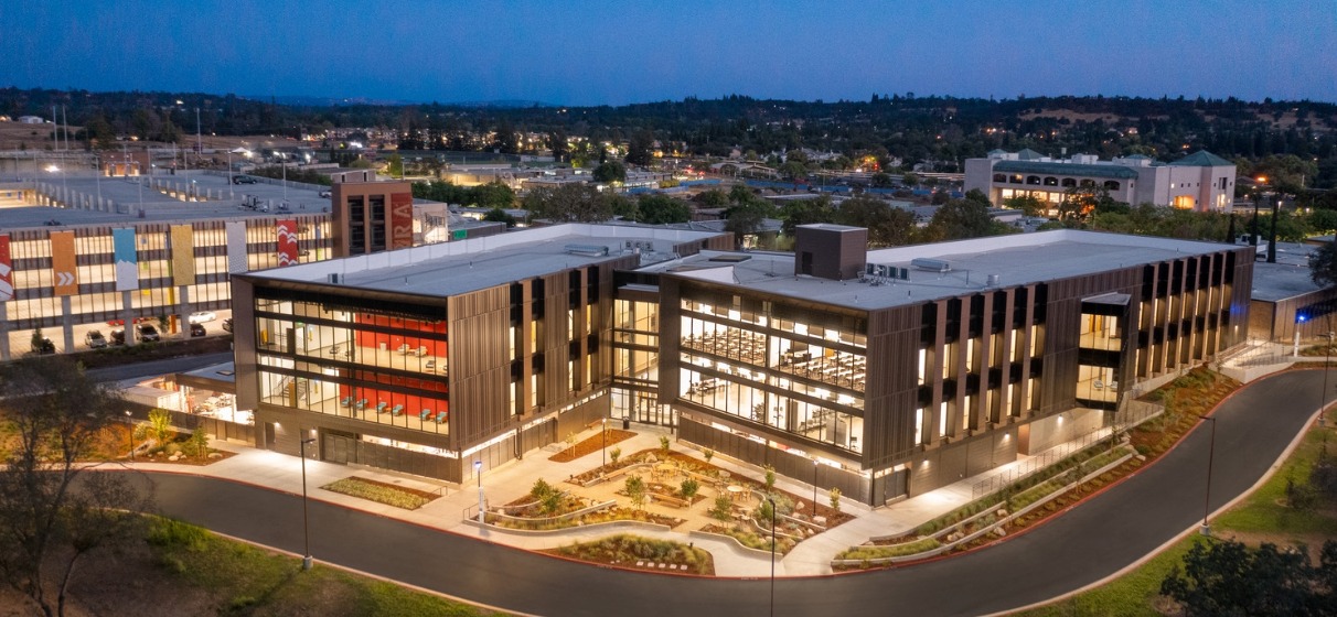 Nighttime view of the New Instruction Building exterior on the campus of Sierra College in Rocklin, CA.