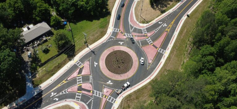Overhead aerial view of roundabout at Union and Butner roads in South Fulton, GA.