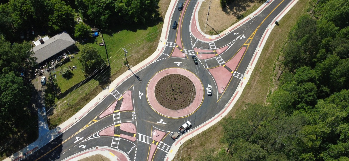 Overhead aerial view of roundabout at Union and Butner roads in South Fulton, GA.