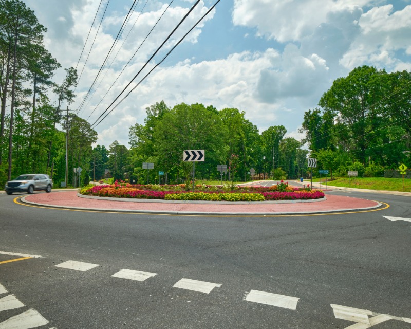 Ground view of vehicle circling Overhead roundabout at Union and Butner roads in South Fulton, GA.