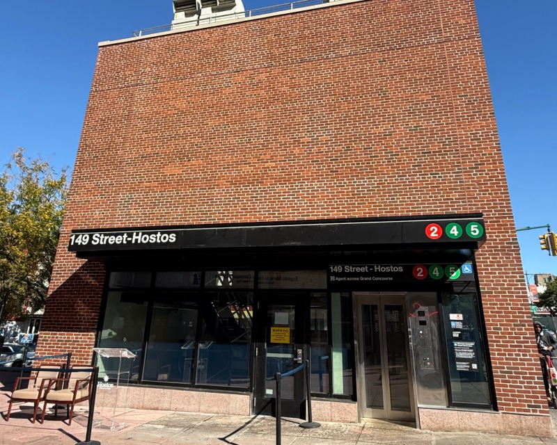 Exterior view of New York City Subway 149 Street-Hostos Station with ADA accessible elevator bank.