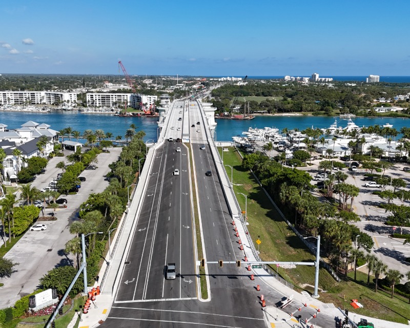 Aerial view of roadway approach to bascule bridge in Jupiter, FL.