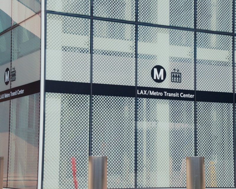 Close-up view of LAX/Metro Transit Center elevator bank exterior.