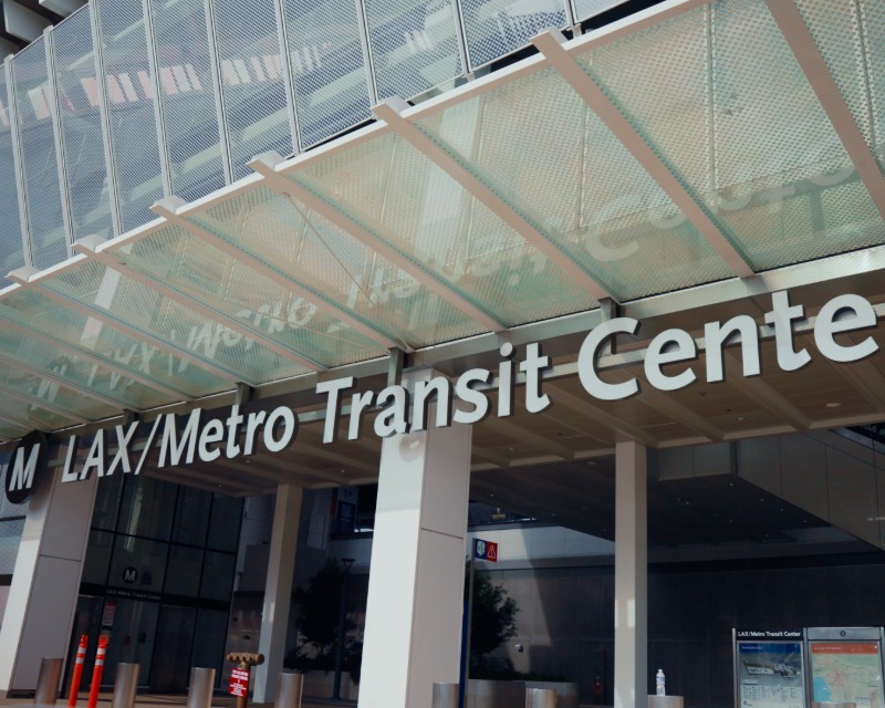 Close-up of LAX/Metro Transit Center sign at front entrance to station.