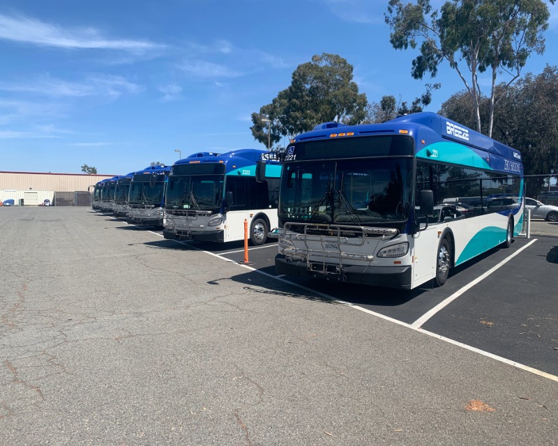 North County Transit District buses parked at depot in California.